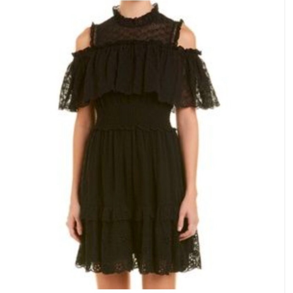 Rebecca Taylor Black Cold Shoulder Flounce Dress with Eyelet Ruffles NWT Sz 6
